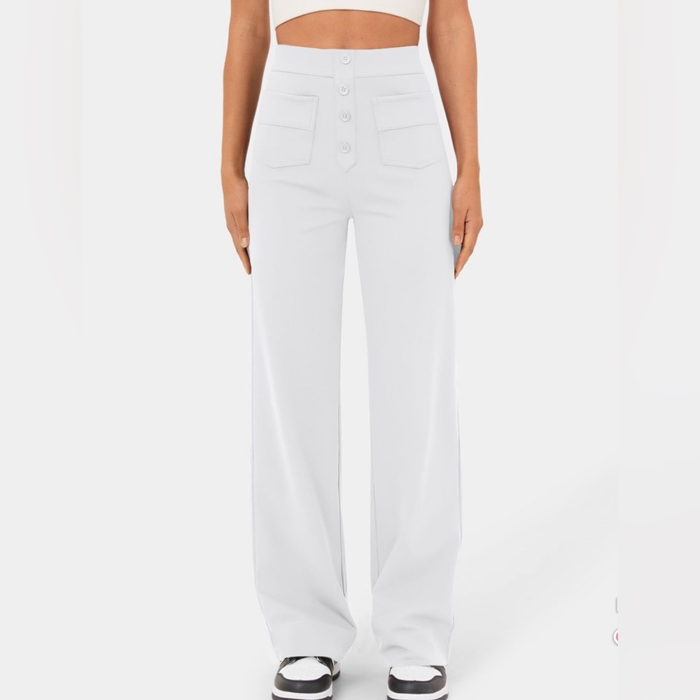 Halara High Waisted Button Multiple Pockets Straight Leg Casual Pants White
